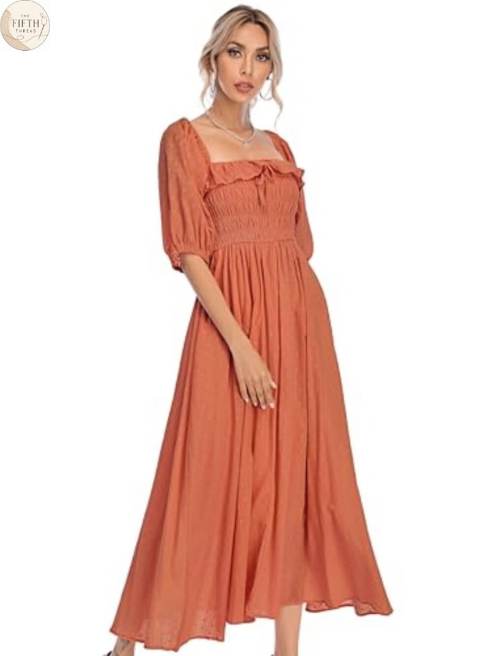 Womens 100% Cotton A Line Midi Dress Puff Sleeve Square Neck Backless